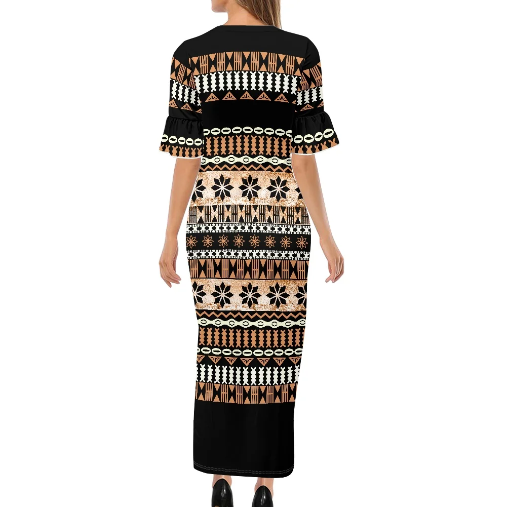 Elegant Evening Party Dresses Polynesian Tribal Clothing Samoa Tapa Fijian Brown Print Women Summer Bodycon Petals Sleeves