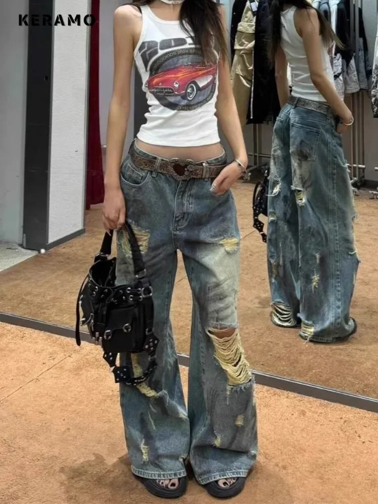 2024 Autumn Sexy Ripped Harajuku Loose Fit Jeans Y2K Hollow Out Wide Leg Hotsweet Pants Women's Vintage Baggy Denim Trouser