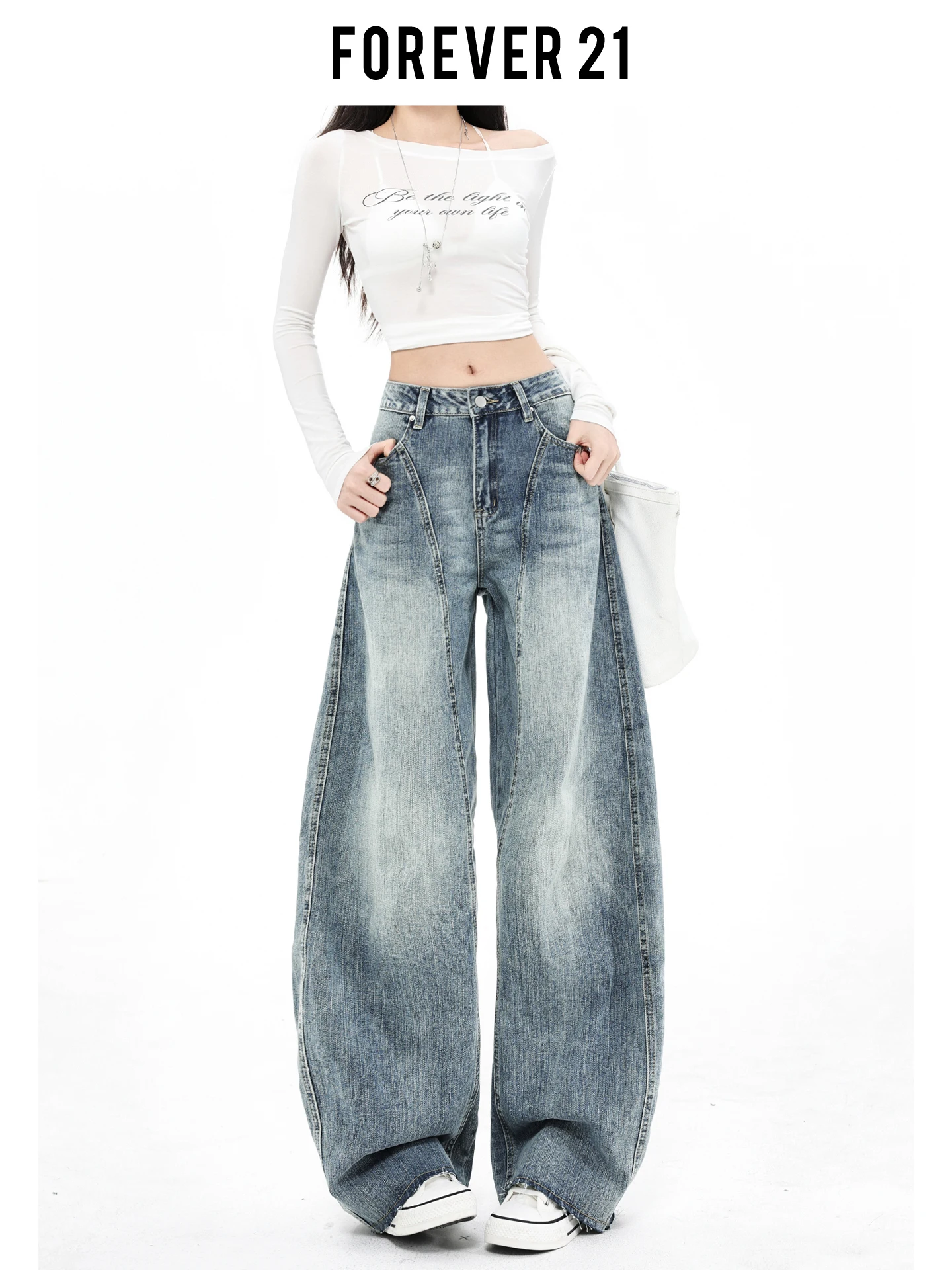 Jeans de Mezclilla de Cintura Alta y Pierna Ancha para Mujer, Diseño Holgado y Moderno, Estilo Retro Americano Forever 21