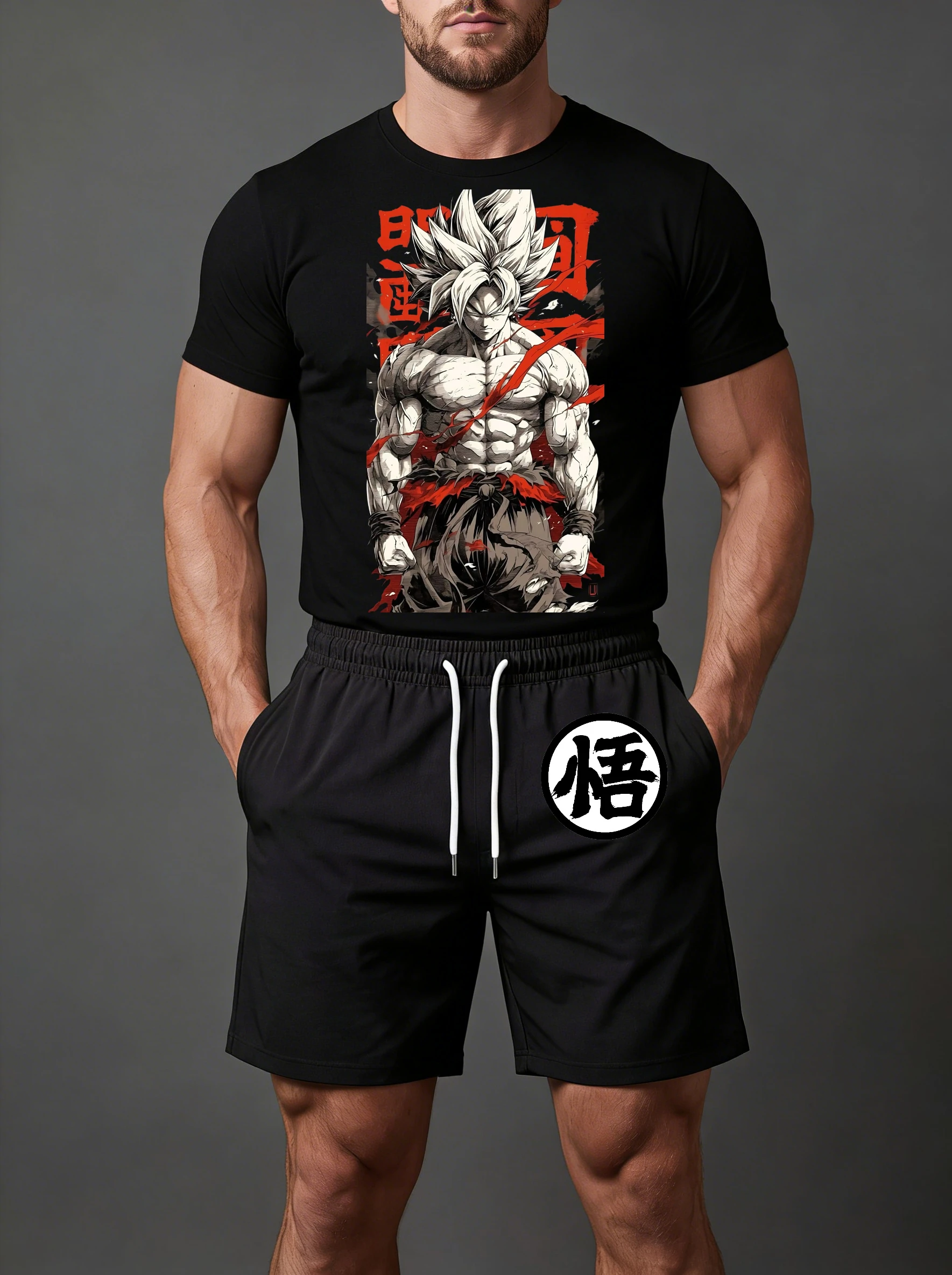 

Летний мужской комплект: футболка и шорты с принтом логотипа Гоку (Драгонболл Супер Сайян) с белыми волосами, из премиальной мягкой дышащей ткани, свободного кроя