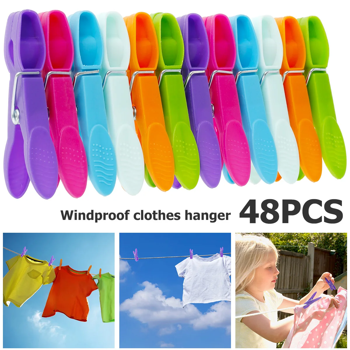 48Pcs Clothing Clamps Home Storage Tool Colorful Clothes Pegs for Laundry ,Windproof Clothesline Clips