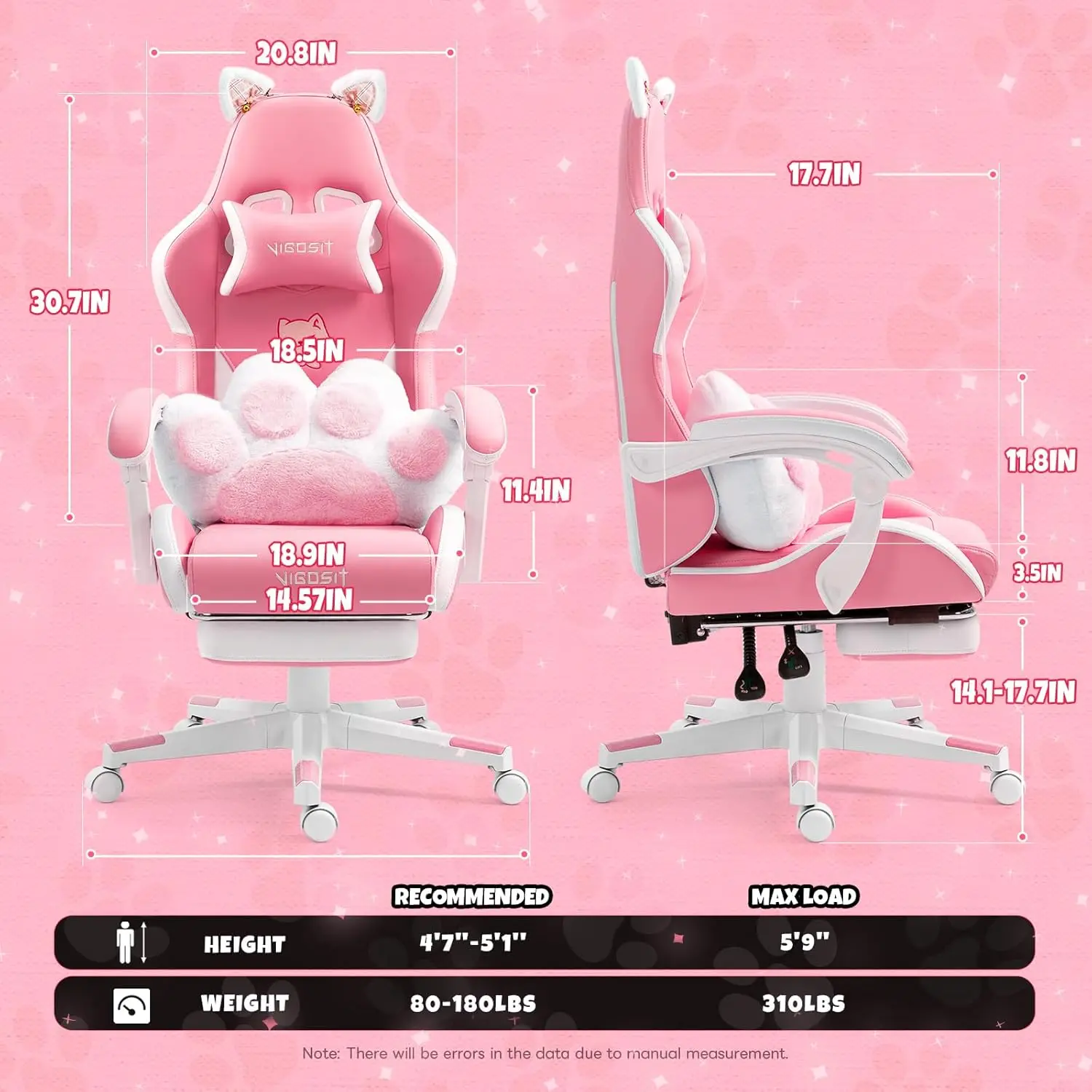 Pink Gaming Chair with Cat Paw Lumbar Cushion and Cat Ears, Ergonomic Computer Chair with Footrest, Reclining PC Game Chair for