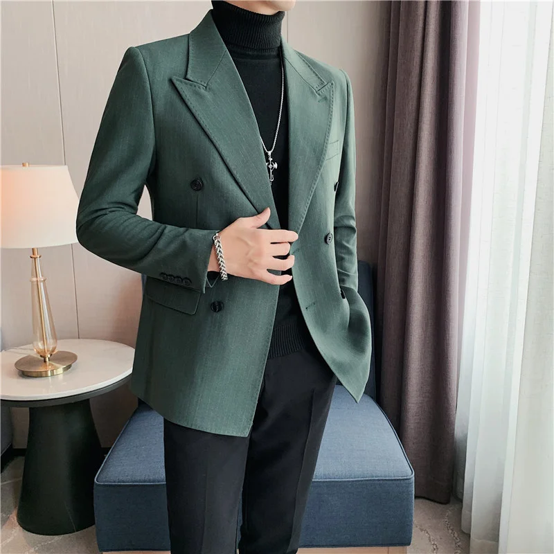 British style double breasted striped suit jacket for men's clothing 2024 business decoration body texture light casual suit