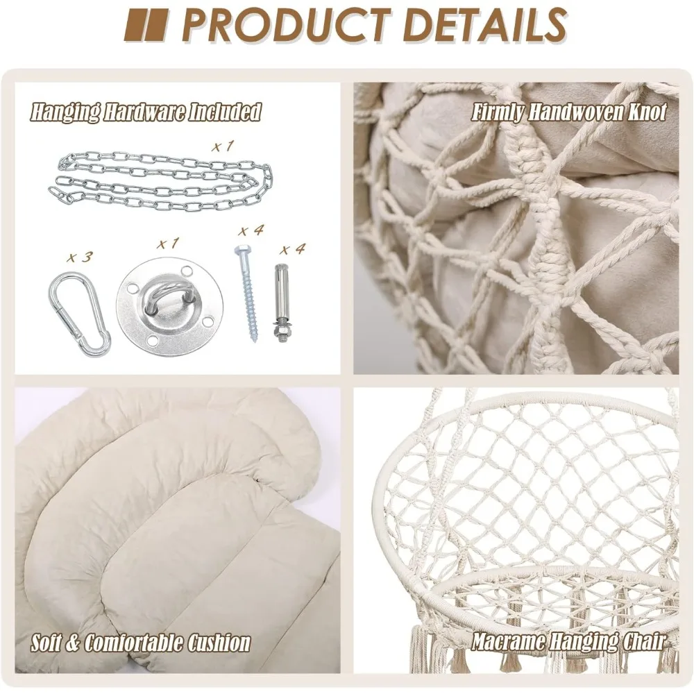 Hammock Chair with Cushion, Handmade Macrame Swing Chair with Hanging Hardware Kits