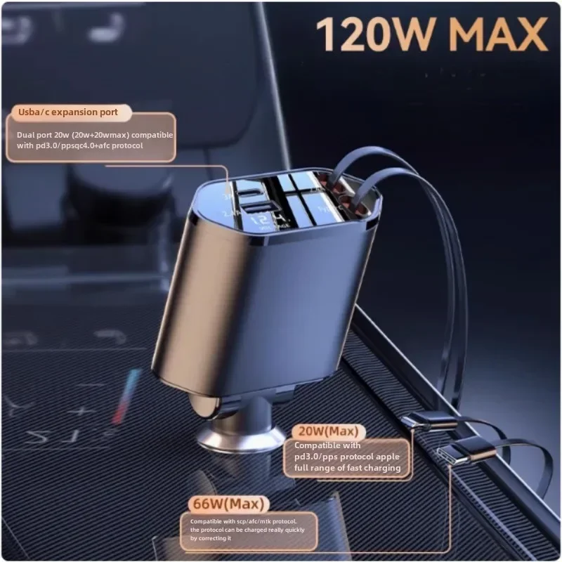 2024New 4-in-1 Vehicle Charger, 120 Watt Fast Charging, Retractable Cable, 2 USB Ports, Compatible with All Vehicles Dual TYPE-C