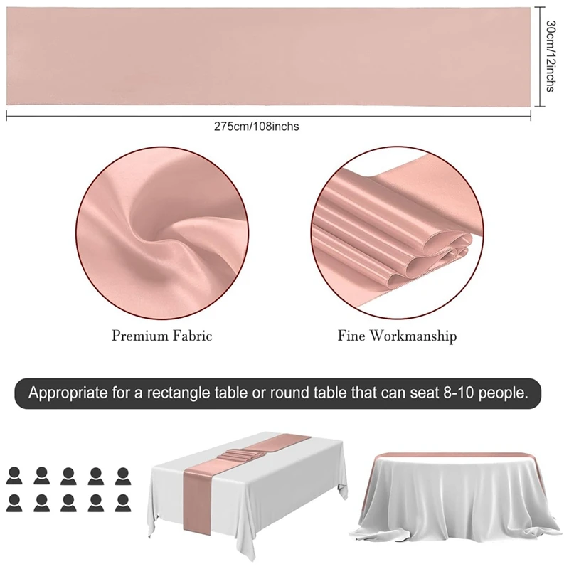 Camino de mesa de oro rosa, paquete de 10 caminos de mesa de satén de 12x108 pulgadas, camino de mesa liso para fiesta, boda, banquetes, cumpleaños