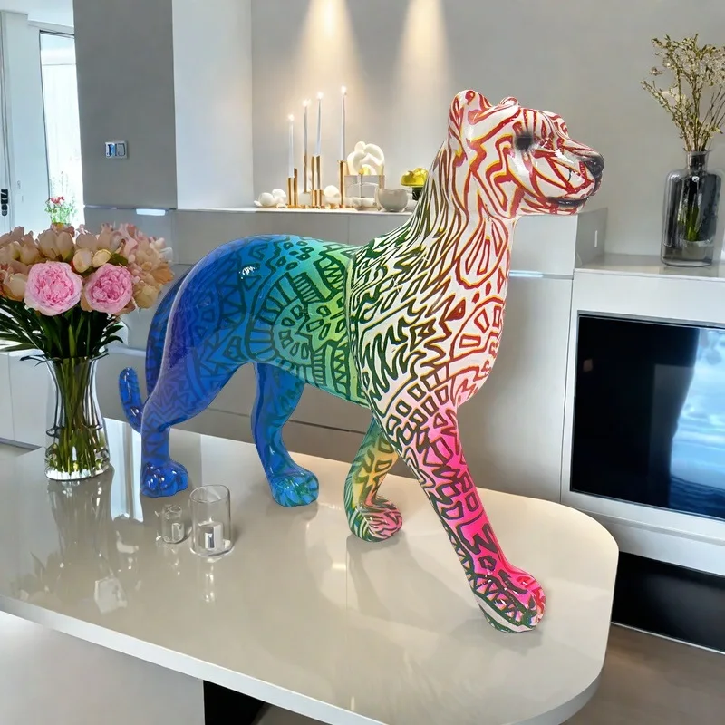 

Creative Colorful Leopard Sculpture, Water Transfer Printing, Leopard Animal Statue, Bookshelf, Desktop TV Cabinet Decoration