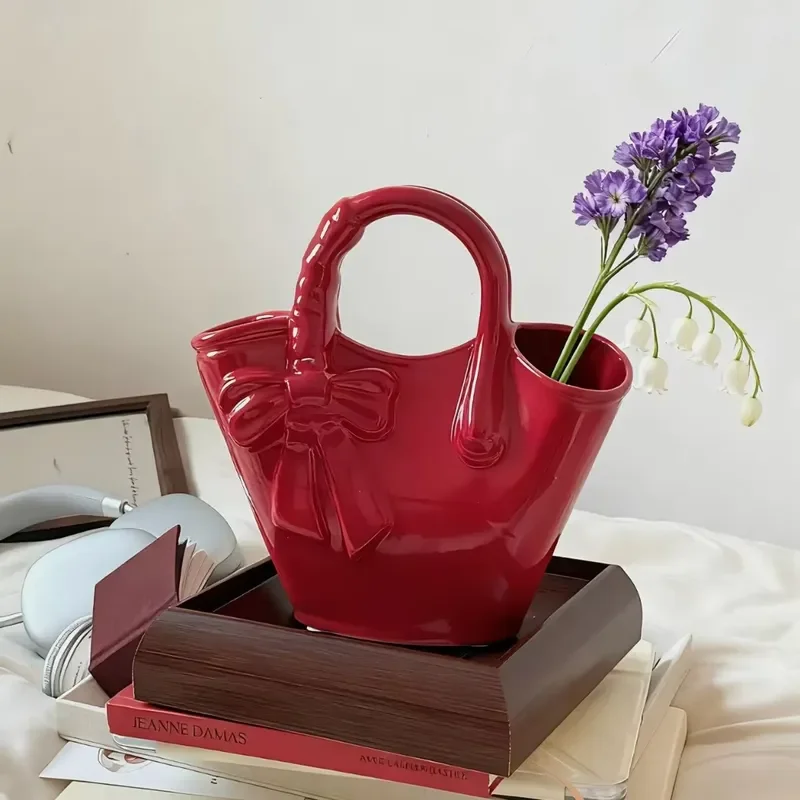 Wholesale Bow Knot Design Ceramic Vase Semi-handmade Modern Minimalist Glossy Red/Black Flower Vase Creative Decor for Living