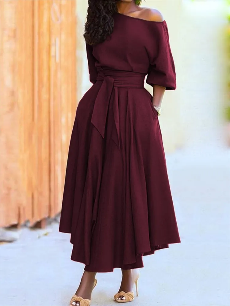 Women's Summer New Fashionable Slant Shoulder Off Shoulder Collar Strap Waist Collection Temperament Solid Color Dress