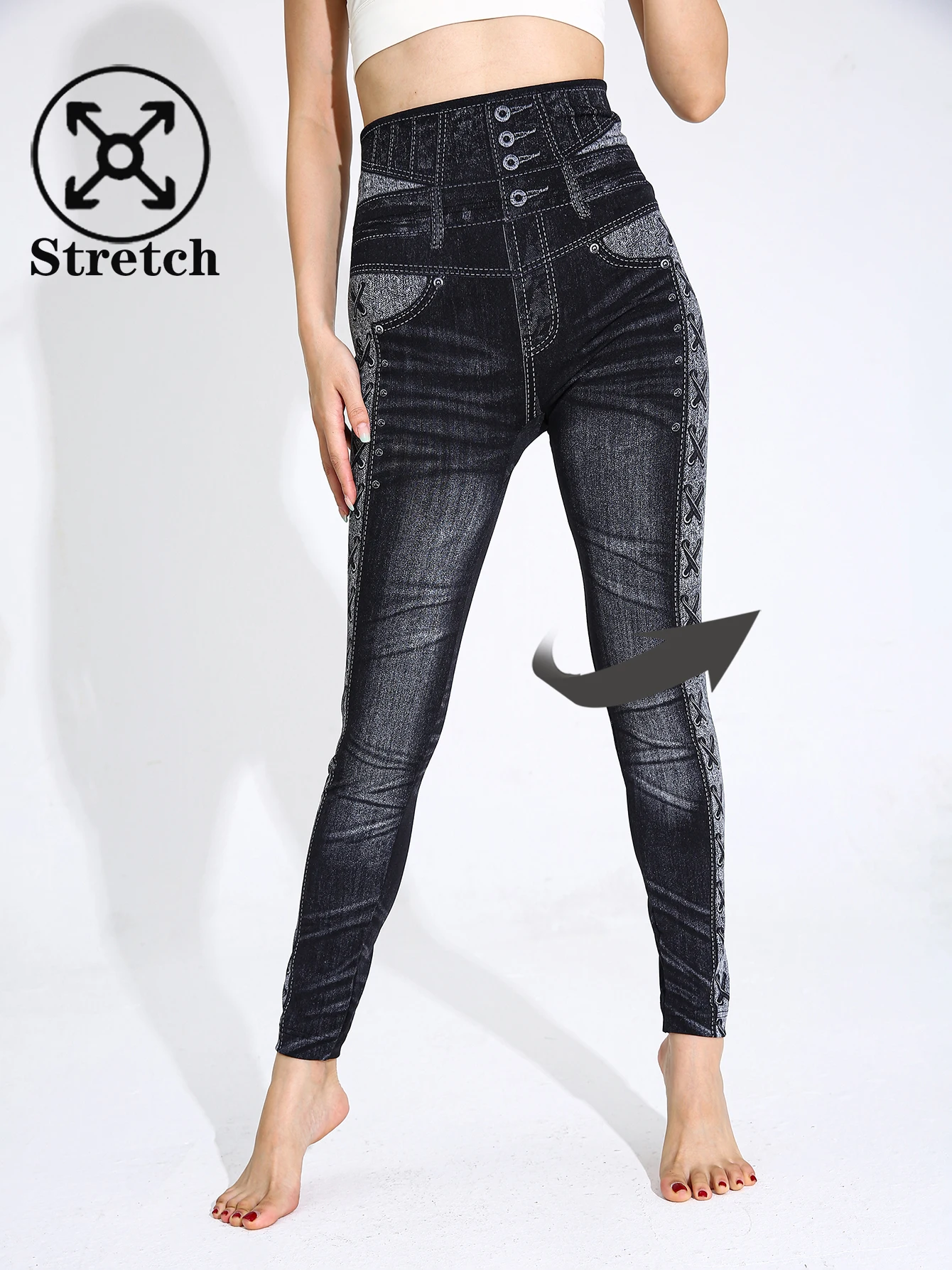 Autumn Winter 1PACK Women's High Waist Black Strap Imitation Cowboy Sexy Tight Legging Casual Sports Elegant Fitness Yoga Pants