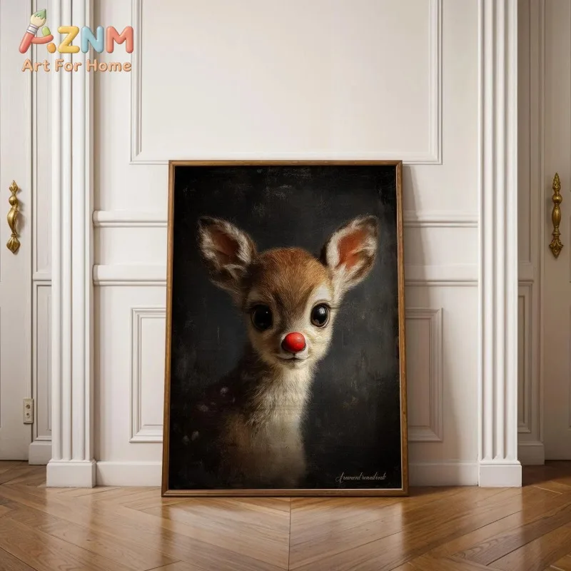 Unframed Canvas Wall Art Cute Red Nose Baby Deer Vintage Print Animal Poster for Living Bedroom Nursery Xmas Holiday Wall Decor