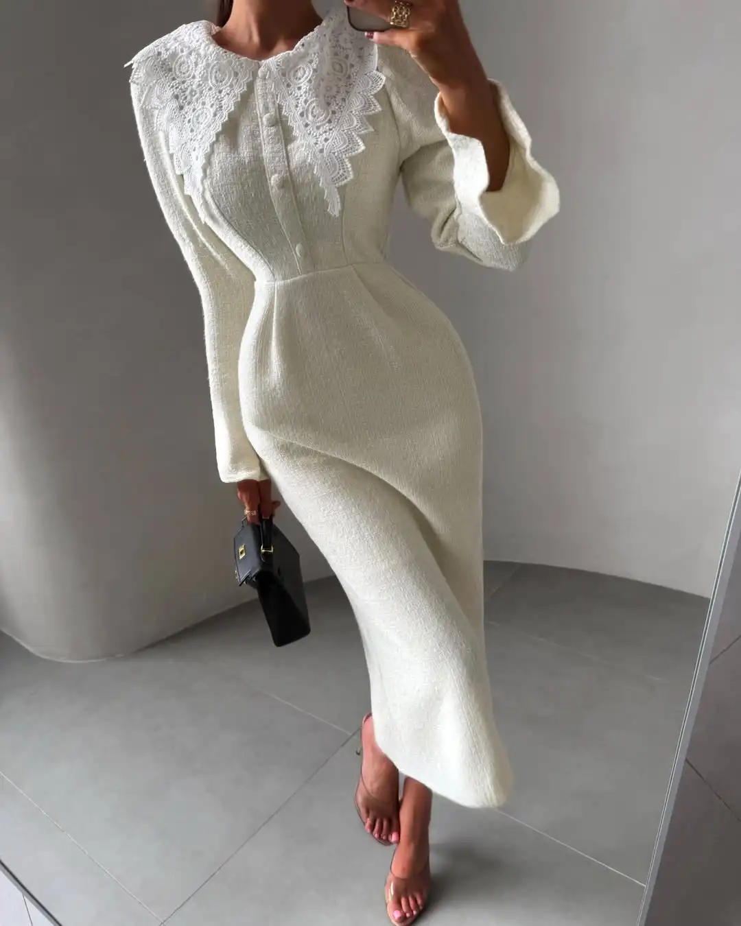 Women's Solid Lace Collar Long Flare Bell Sleeve Midi Dress Ladies 2026 Spring Autumn Modest Casual Office Elegant Dresses New