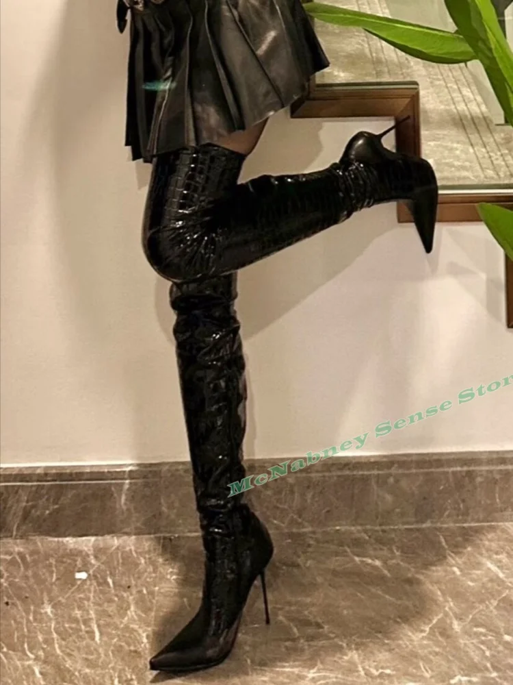 Snake Pattern Thigh High Boots Shiny Leather Pointy Toe Super Thin High Heels Women Shoes Side Zipper Casual Party Designer Boot