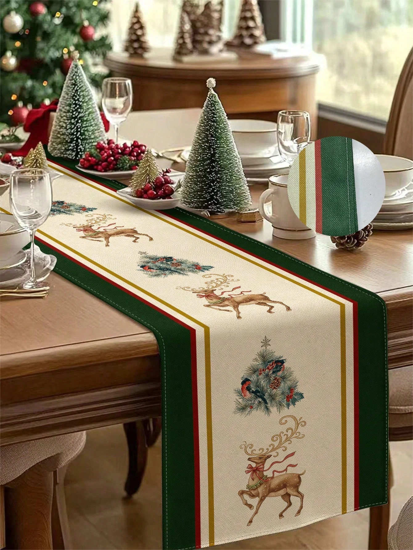 JIT Christmas Themed Reindeer Tree Table Runner Green Red Gold Pattern Ideal For Holiday Party Table Decoration Premium Crafted