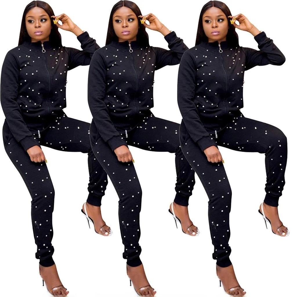 

Women's Nail Bead Sports Coat Two Piece Set Casual Sle Winter Faion Tee-piece Suit ort Outerwear Nine-Piece Pants