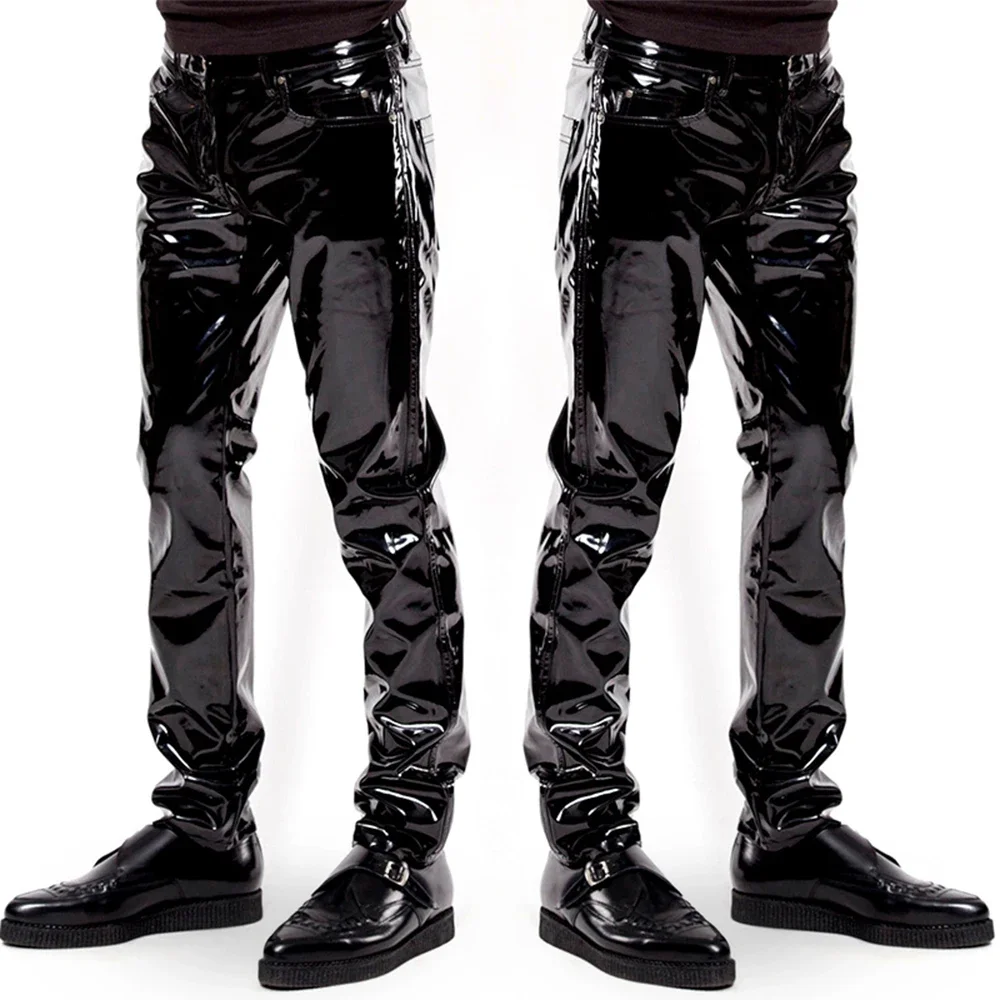 Men Faux Leather PVC Pants Trousers Long Shiny Club Dance Wear Punk Gothic Black Slim Fit Nightclub Party Pants Male Motorcycle