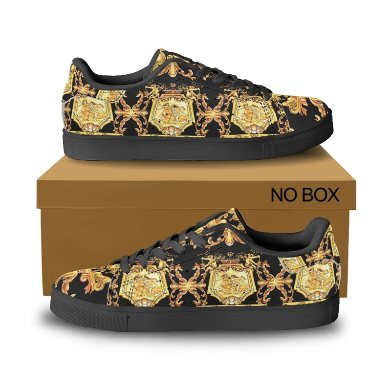 Noisydesigns Luxury Women\'s Flats Pu Leather Shoes Couple Golden Floral Sneakers Men Vintage Casual For Party Travel Dropship