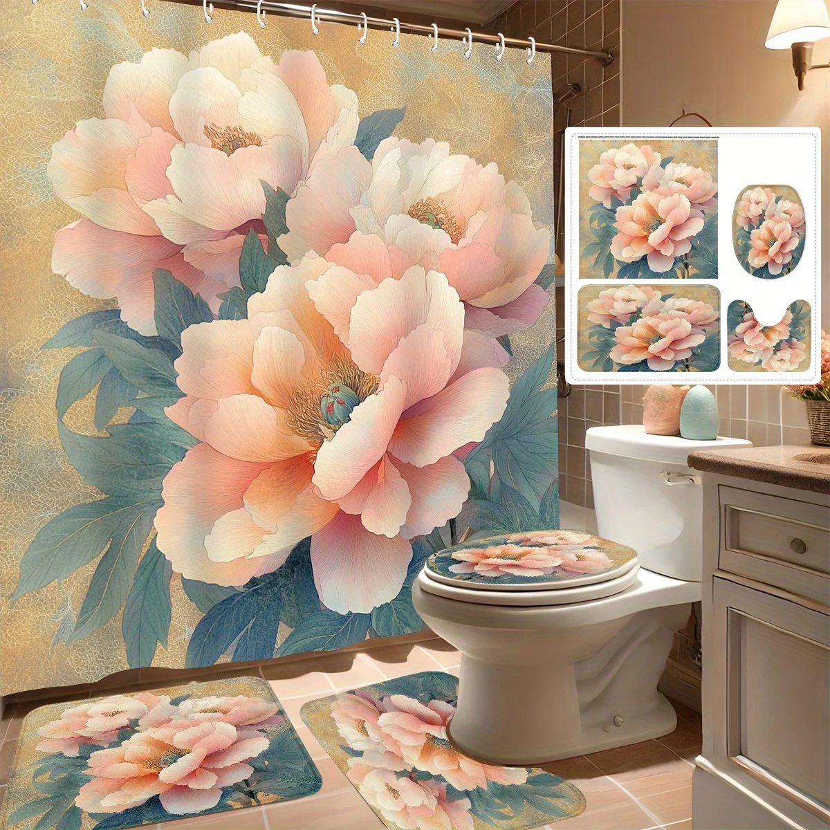 

Набор из 4 занавесок для душа, романтический дизайн с тремя розовыми пионами, современный декор для ванной комнаты, в комплект входит 12 крючков, нескользящий коврик для ванной,