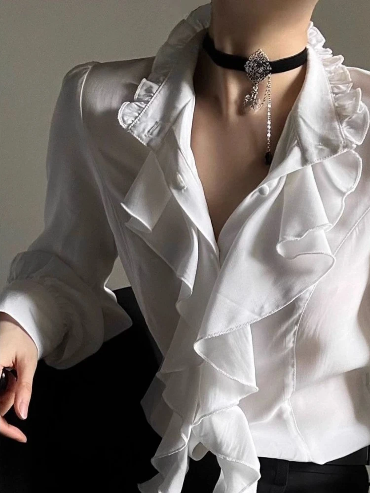 Y2k French Elegant High-End Slim Vintage Ruffled Long Sleeve Women Shirts 2000s Autumn England Style Pure Color Dark Blouse Chic