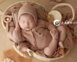 Straw Basket Newborn Photography Props Newborn Posing Nest Photo Baby Changing Basket with Handles Baby Photography Accessories