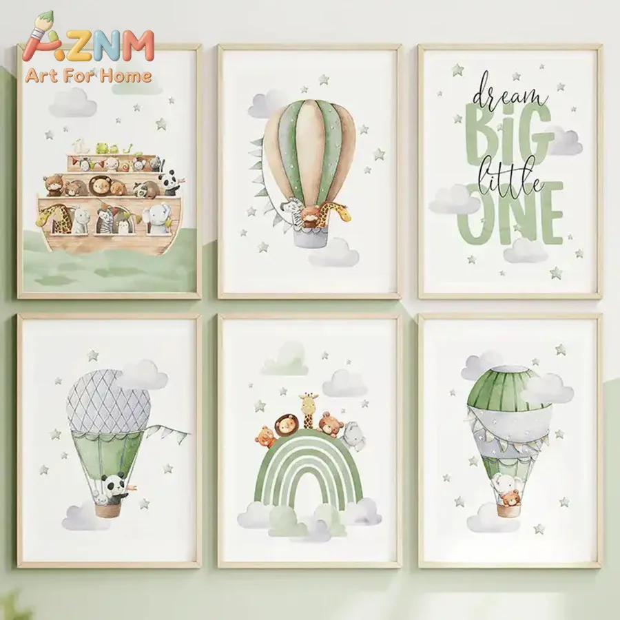 1Pc/6Pcs Nordic Green Cartoon Animal Hot Air Balloon Bedroom Canvas Poster Children's Room Decoration Picture