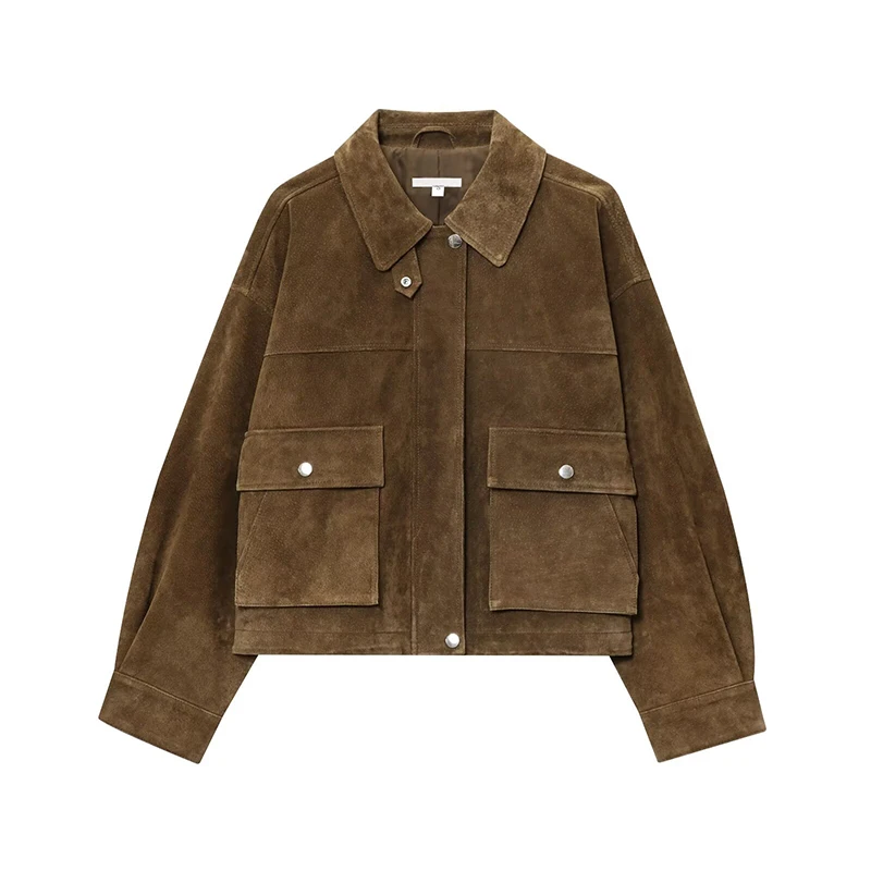 Women Front Patch Pockets Faux Leather Bomber Jacket Long Sleeve Zipper Autumn Winter Coat 2026 Loose Outerwear