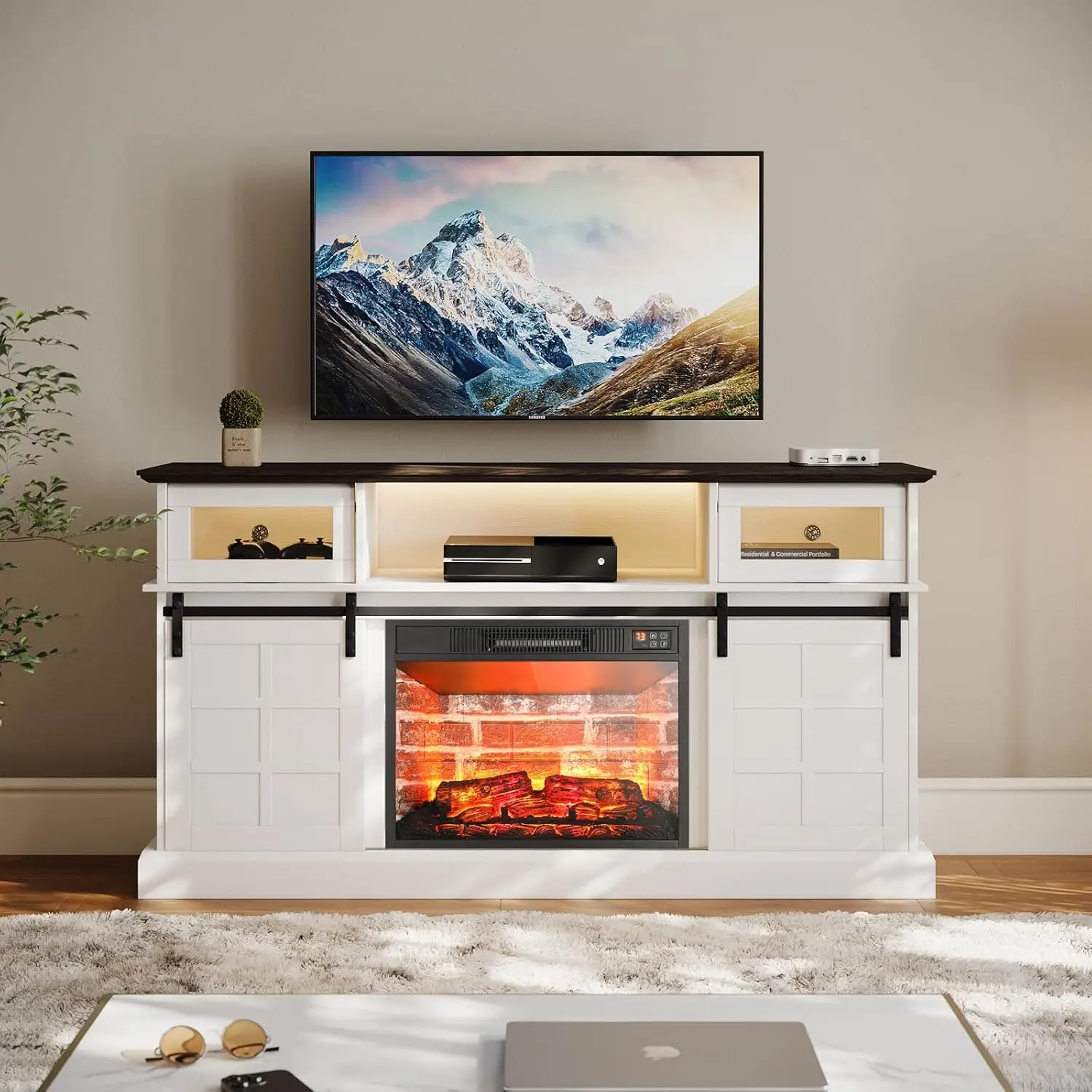 

58" LED Fireplace TV Stand, White TV Stand for 65 inch TVs, Entertainment Center TV Cabinet with 23" Electric Fireplace