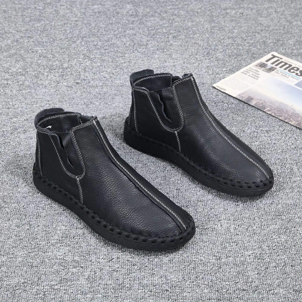 Men's Leather Shoes Autumn and Winter New Leather Casual Shoes, Soft Sole, Mid Top Cowhide Flat Bottomed Handmade Leather Shoes