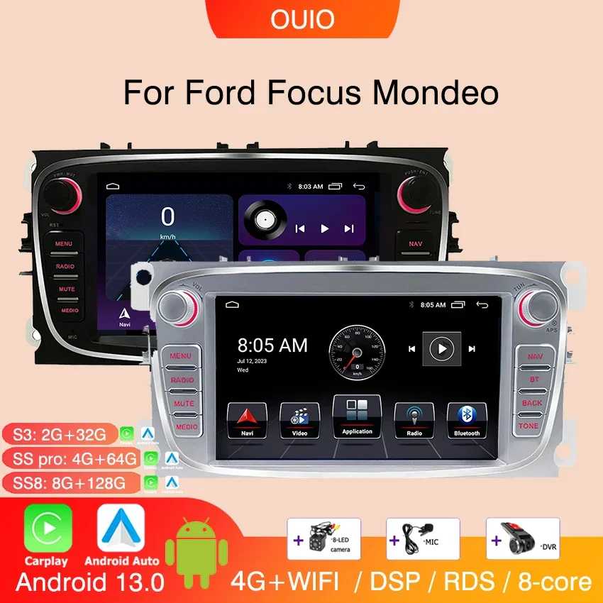 

7 ''Android 13 Carplay радио для Ford Focus S-Max Mondeo Galaxy C-Max автомобильный стерео мультимедийный плеер android авто GPS навигация