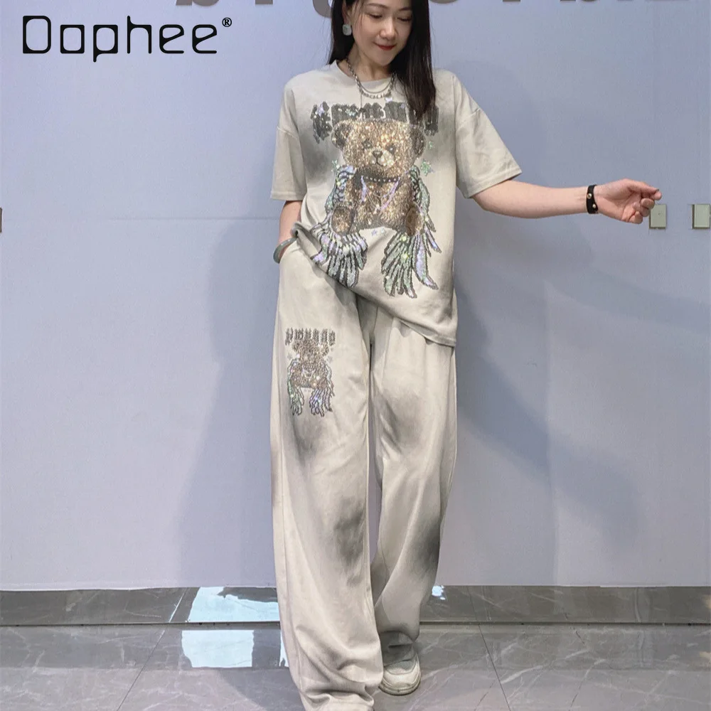 

Pants Set for Women 2026 Spring Summer Tie-dye Rhinestone Short-sleeve T-shirt and Straight-leg Pants Two-piece Outfit