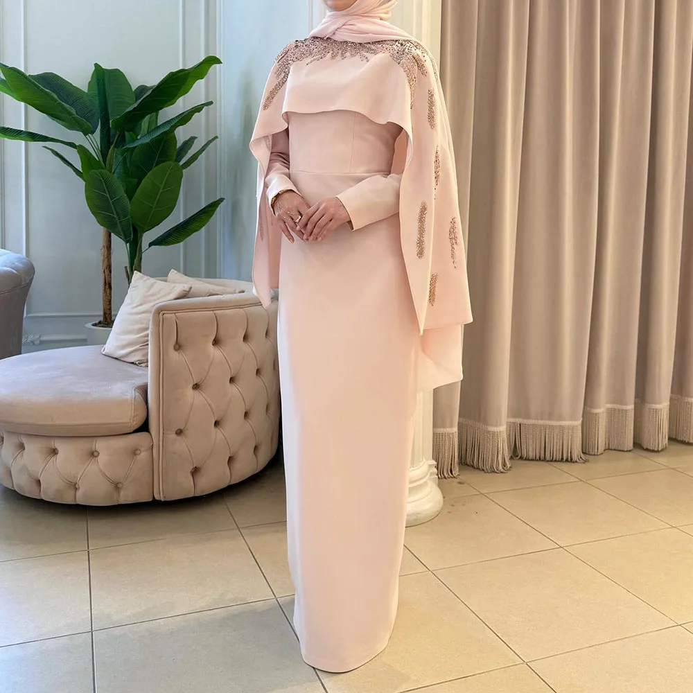 

Customized Straight Evening Dresses Floor-Length O-Neck Full Sleeve Prom Gown Simple Fashion Sequined Stole Draped Party Gown