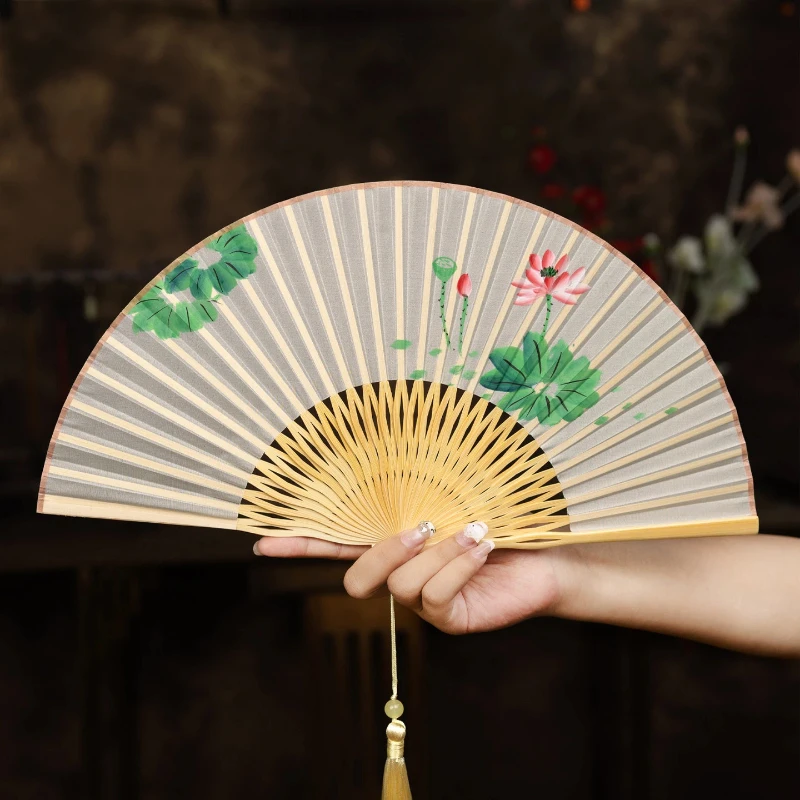 Hand Drawn Silk Fan Ancient Hanfu Qipao Folding Fan Summer Portable Fairy Dance Fan Photo Runway Prop Fan Classical Craft Gift