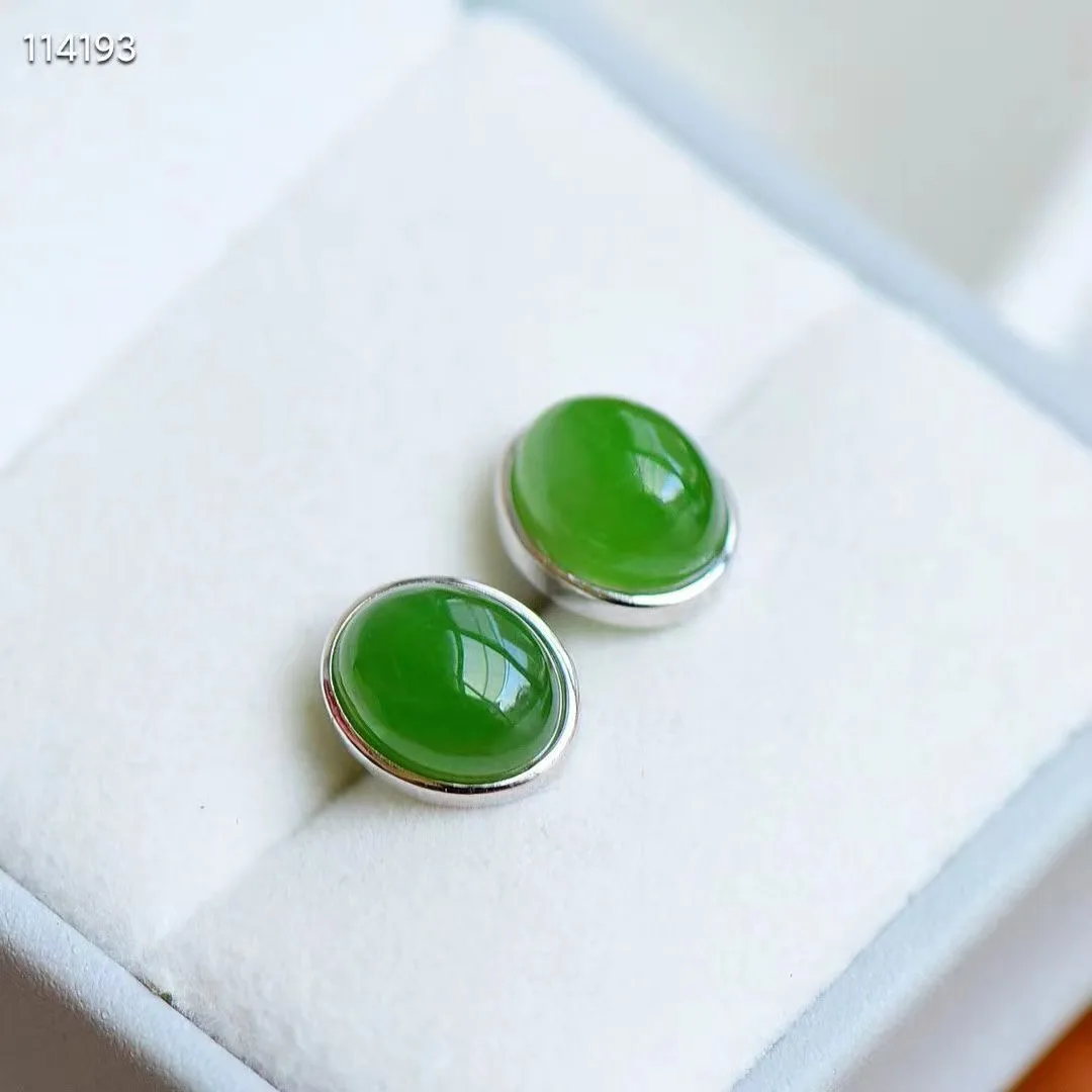 

Natural 100% real 925 sterling silver Earrings mosaic green hetian jade oval beads fashion temperament women earrings gift