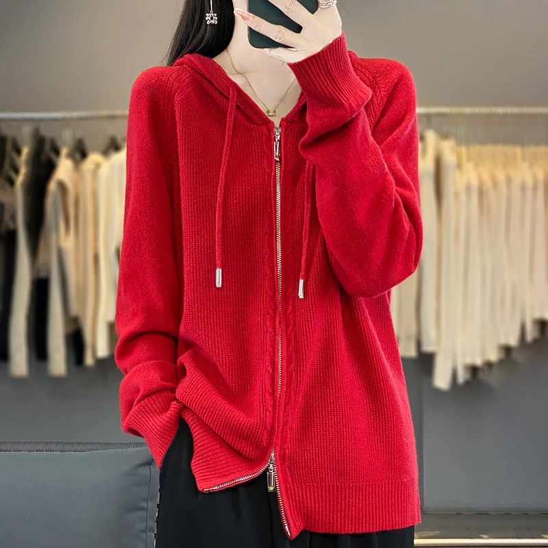 Maglione allentato jolly da donna primaverile e autunnale con Cardigan in lana pettinato con cappuccio maglione per il tempo libero cappotto in tinta unita con doppia cerniera