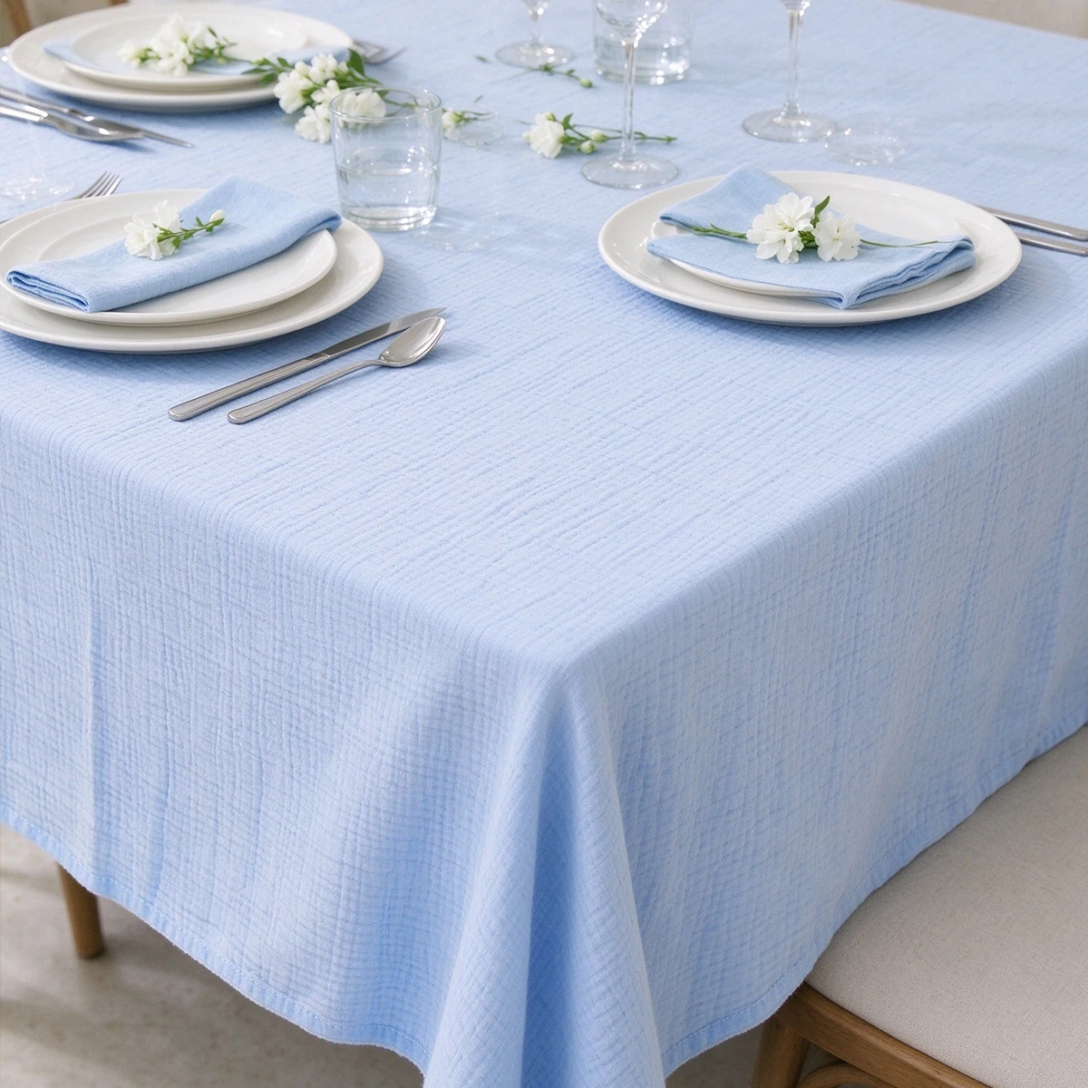 Double Layer Bubble Gauze Cotton Rectangle Tablecloth Wrinkle Table Cover Stitched Hem Custom Size for Wedding Dining Decor