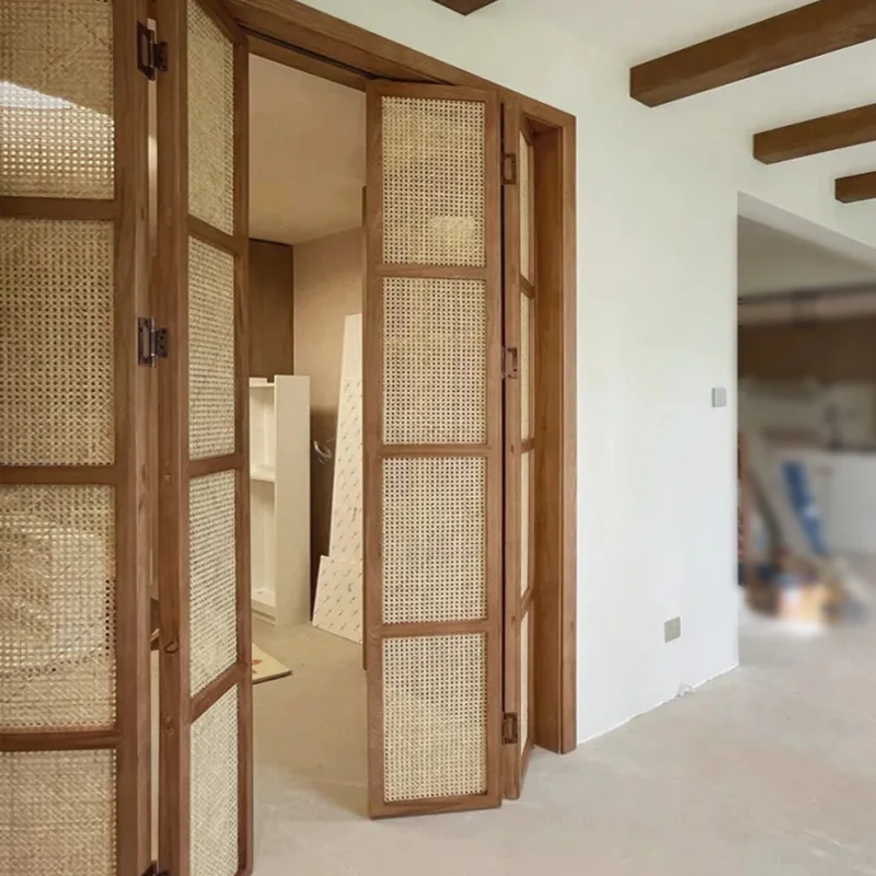 

Solid wood folding door Antique rattan Japanese sliding Bedroom partition rattan Chinese partition sliding