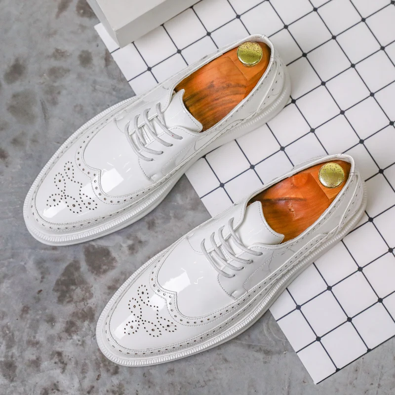 Men Derby Shoes White Dress Men Business Patent Leather Men Shoes Party Flat Shoes Classic Formal Fashion Leather Shoes Leisure