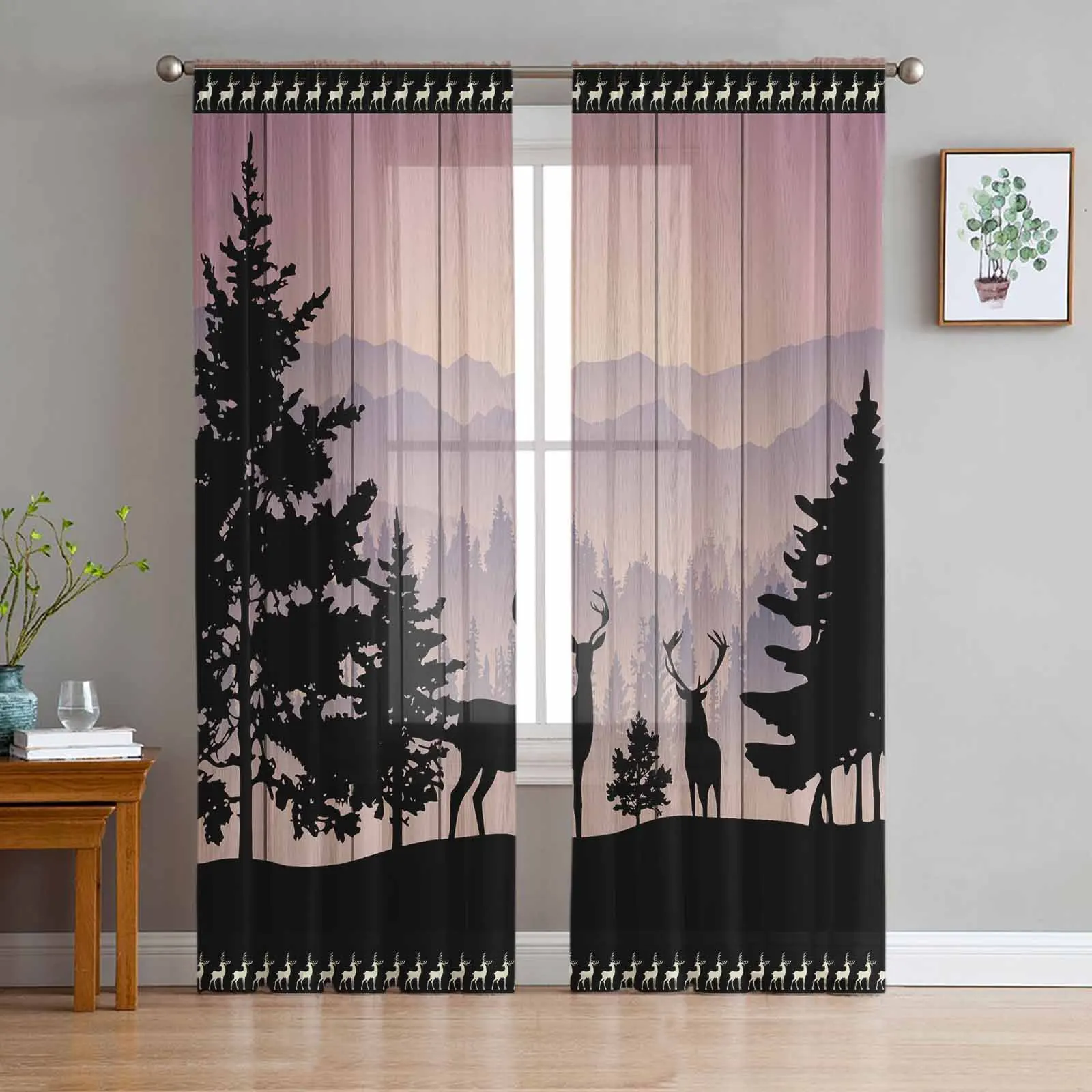 Forest Silhouette Deer Animal Moon Tulle Sheer Curtain for Living Room Home Decor Bedroom Kitchen Voile Organza Curtains