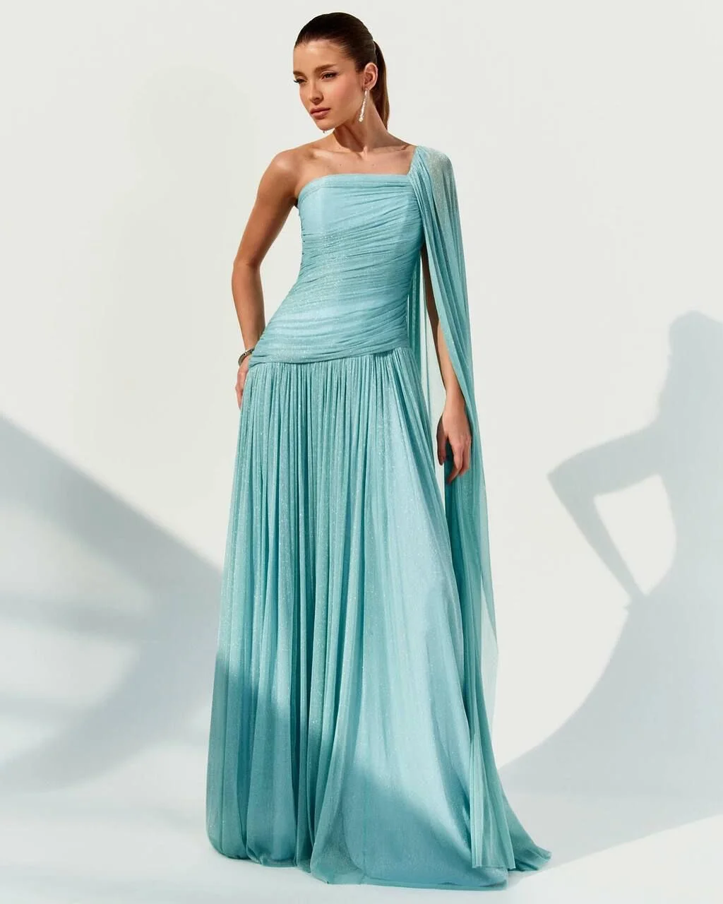 

SWEMILE Tulle Pleat One Shoulser Evening Dress 2025 Strapless With Shawl Sparkling Prom Gowns Arabic Formal Party Vestidos
