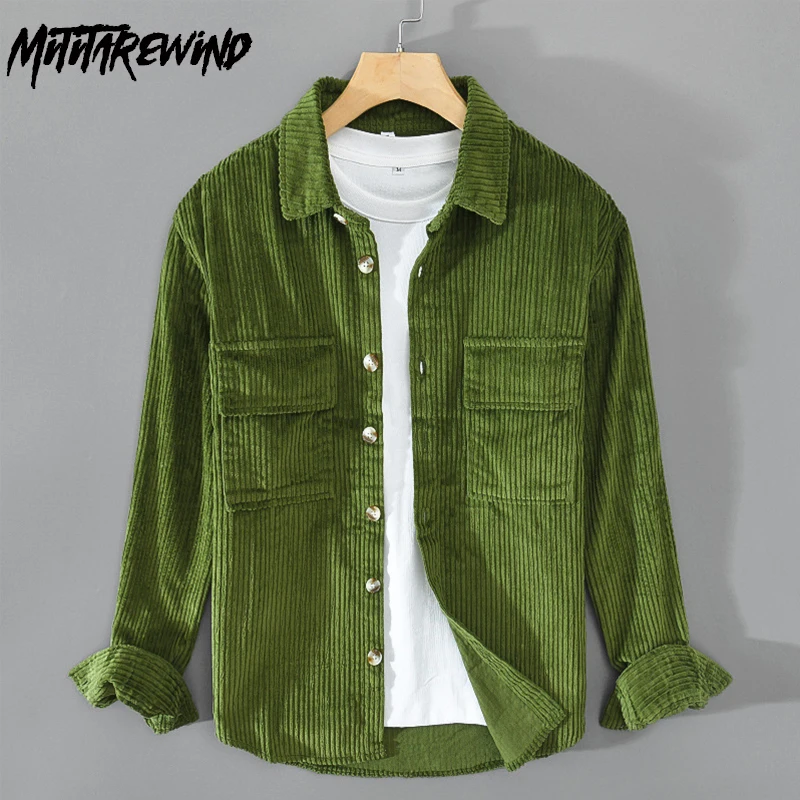 

Autumn Winter Men's Shirt Pure Cotton New in Shirts Causal Workwear Long Sleeve Shirt Lapel Pockets Green Corduroy Shirt Fashion