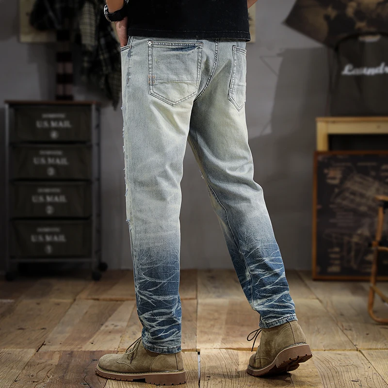 2024 New Men's American-Style Vintage Washed Distressed Jeans Men's Ripped Stretch Slim Straight Handsome Skinny Pants