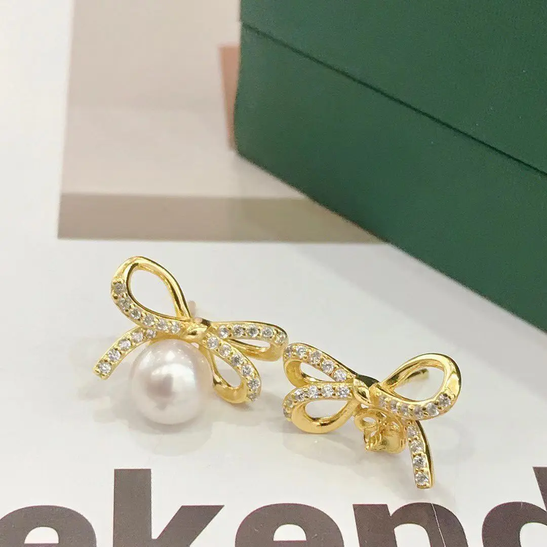 

Bow Style S925 Sterling Silver Earrings Mount Findings Settings Base Mounting Parts Accessory for 6-7mm Pearls 5 pairs/lot