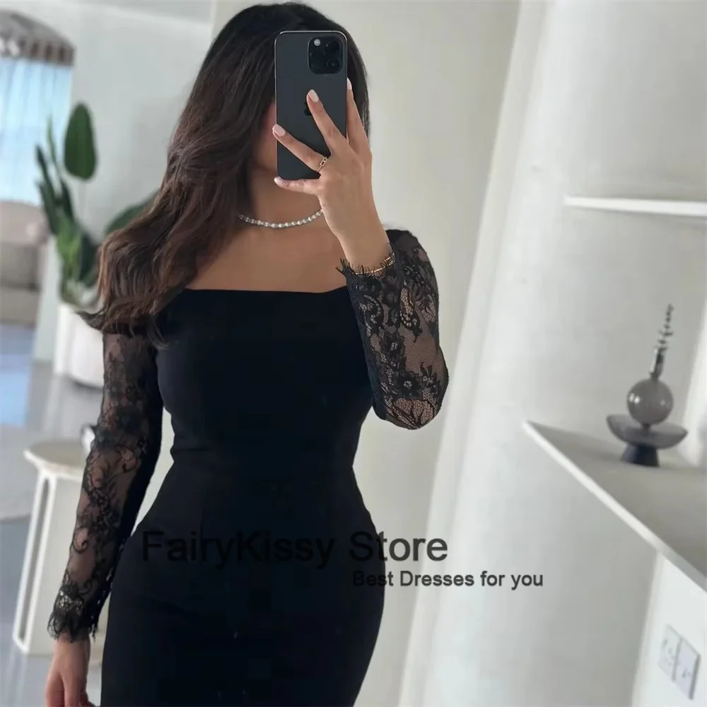 FairyKissy-Robe de Soirée Noire en Dentelle Arabe à Manches sulf, Tenue de Bal Personnalisée pour Occasions Formelles