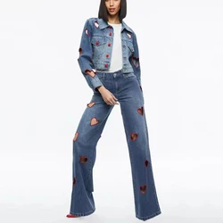 Love Embroidery Hollow Out Women's Denim Jacket Coat, High Quality Suit, Fashionable Top + Pants, Y2K,Summer, New, 2024