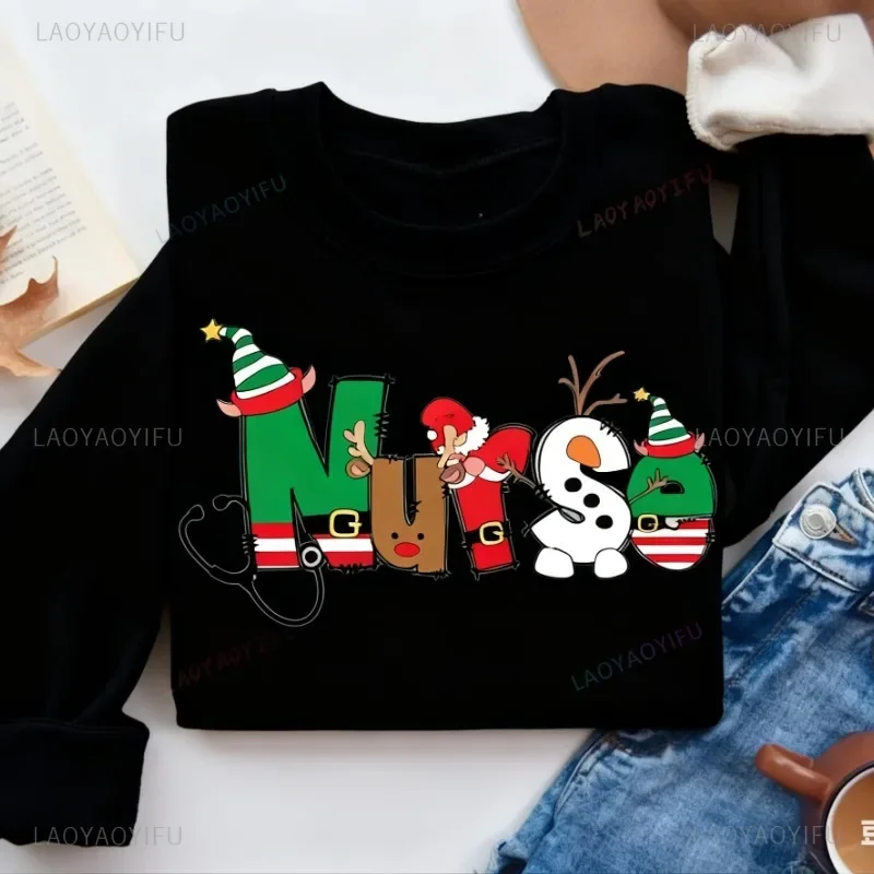المألوف هوديي Camisas De Navidad Para Mujer ممرضة هدية الكريسماس الجولة الرقبة البلوز مضحك نمط جديد بلايز السنة الجديدة البلوز