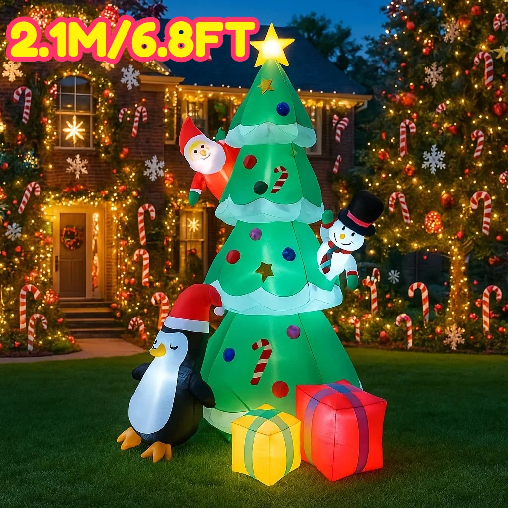

2.1M/6.8FT Christmas Tree Penguin Gift Box Inflatable Model Christmas Decorations LED Lights Outdoor Holiday Decor Home Yard Toy