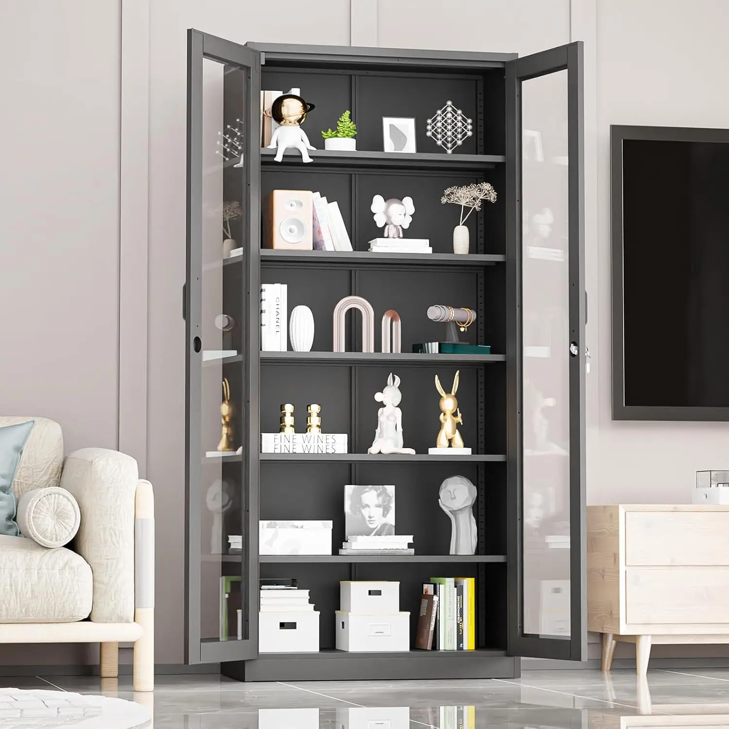Lockable Glass Door Display Cabinet 5 Adjustable Shelves, 71