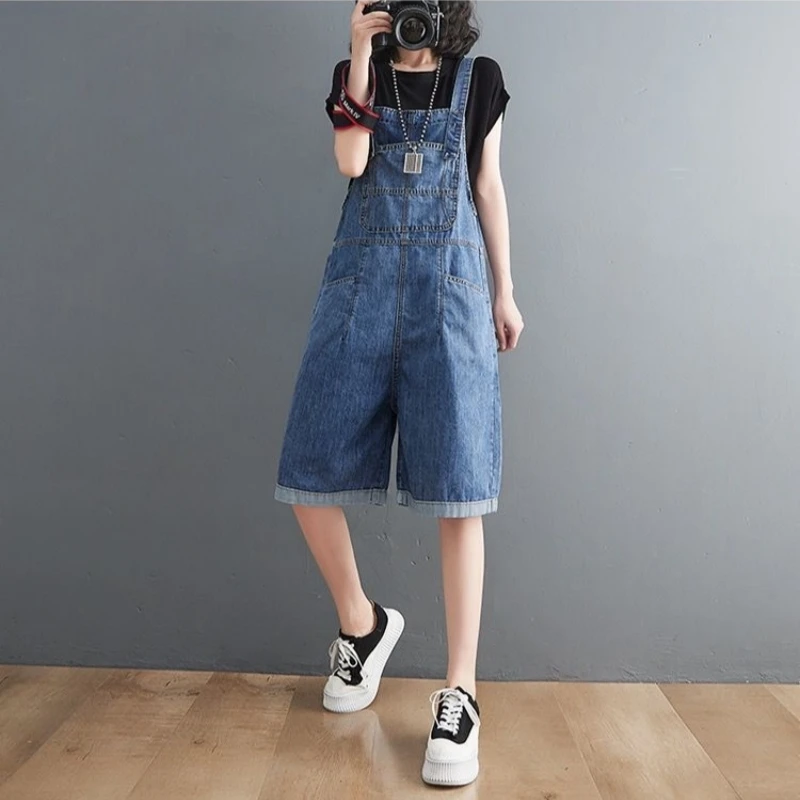 Celana pendek Denim musim panas, jumpsuit Romper kaki lebar kasual saku longgar wanita Korea, celana Suspender tanpa lengan