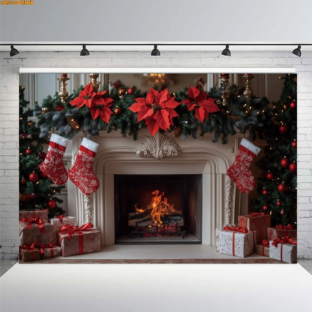 クリスマス写真背景暖炉クリスマスツリーギフトテディベアナヴィダードファミリーパーティーデコレーション背景写真スタジオ