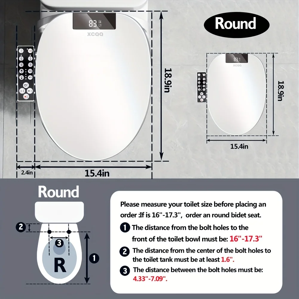 Bidet Toilet Seat Round, Unlimited Warm Water, Soft Close Toilet Lid, Electronic Heated, Display Screen, Warm Air Dryer, Multipl